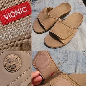 NEW 9 VIONIC faux Leather velcro adjustable slip on slides comfort sandals NWT